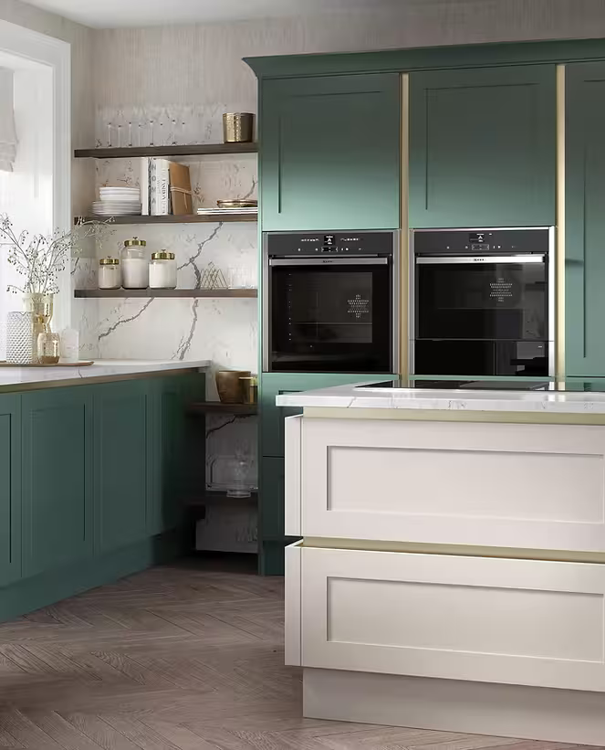 Handless Shaker kitchen combining the Shaker frame profile with a J-pull or hidden grip instead of visible handles