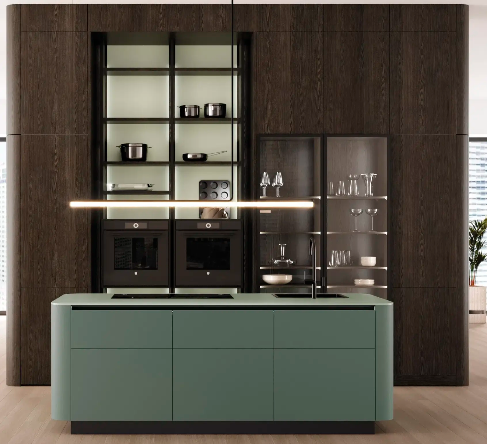 Leicht kitchen combining push-to-open tall units with handleless rail base units showing a mixed hardware approach in one layout