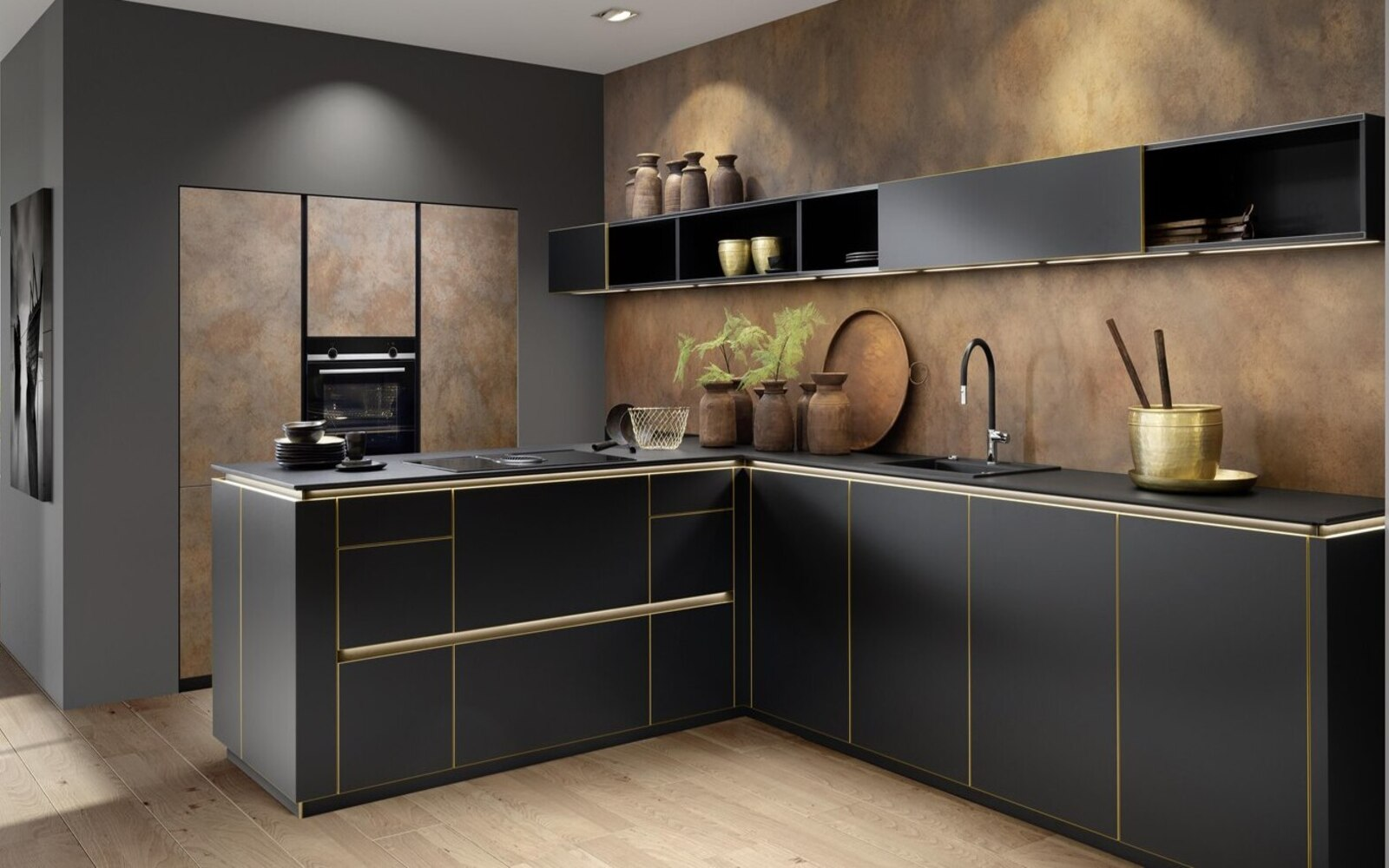 True Handleless kitchen showing continuous aluminium rail system with flat door fronts