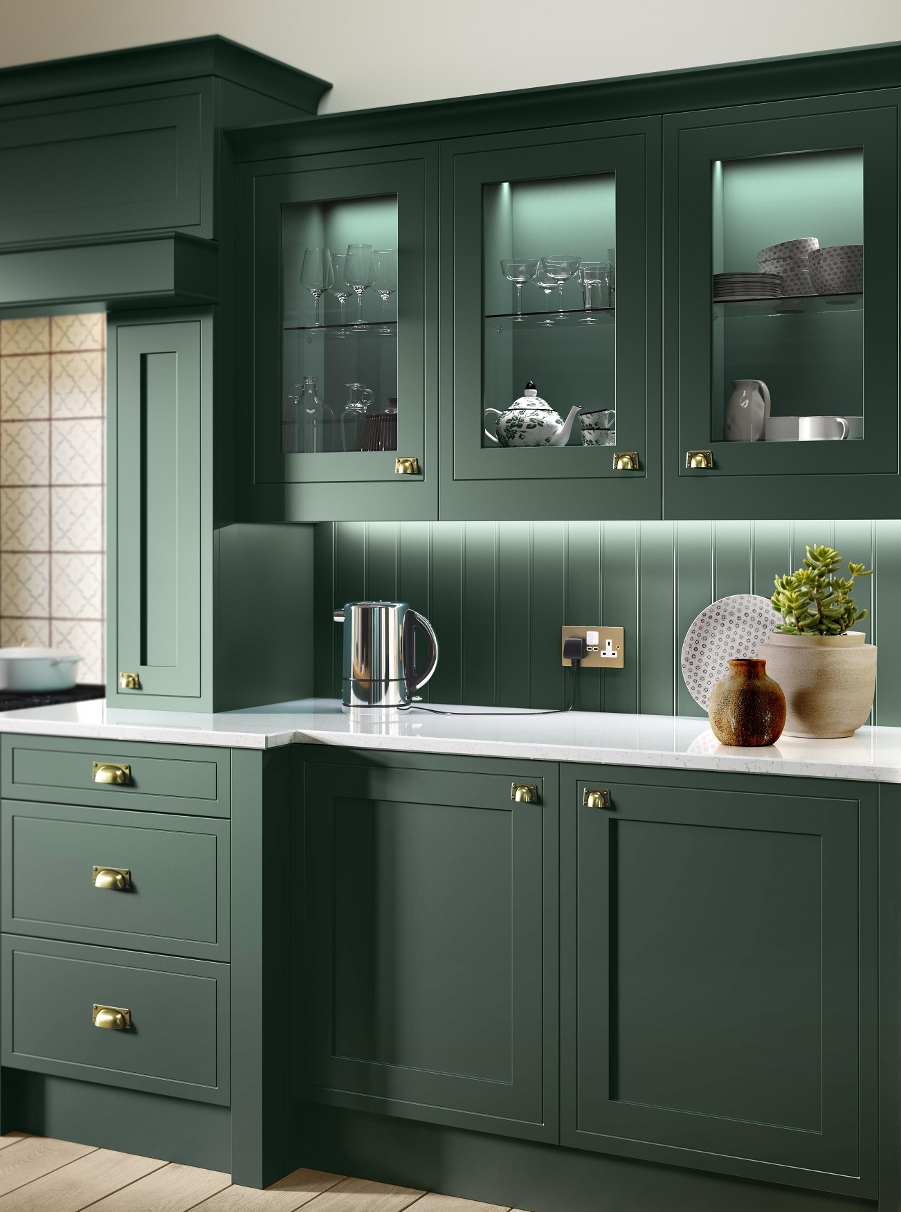 Mock in-frame kitchen showing applied beading on a frameless carcass creating the in-frame visual effect