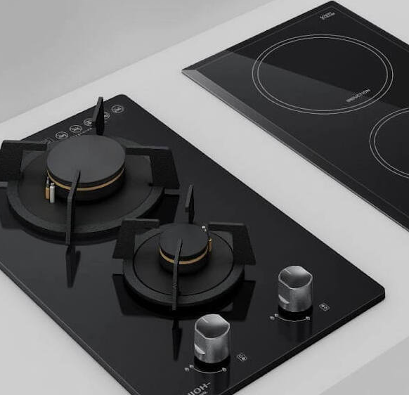 Domino hob showing compact 30cm module format in a worktop combination with another hob type