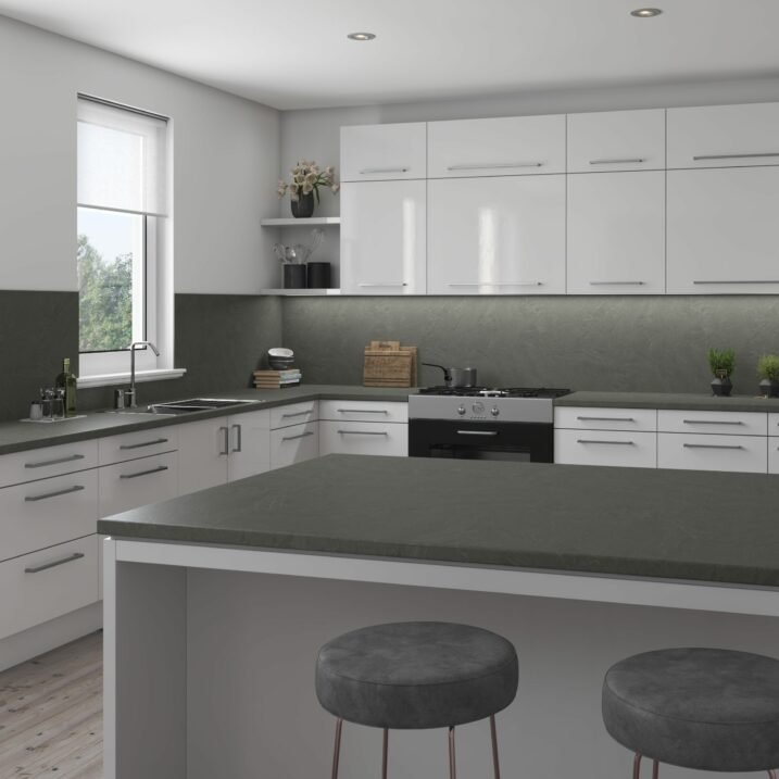 German laminate worktop in a contemporary kitchen showing the realistic concrete-effect or stone-effect pattern with a clean edge profile and the coordinated finish across the worktop run