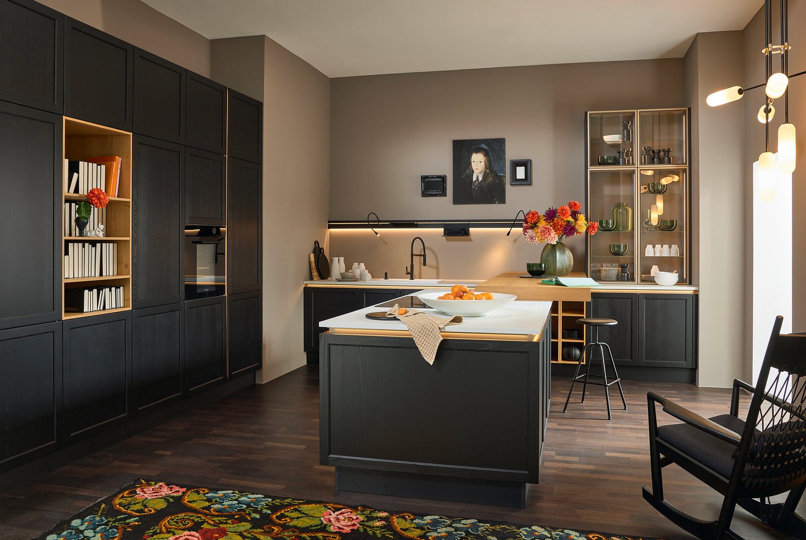 Nobilia Lugano Handless Shaker kitchen detail showing the lacquered MDF frame edge quality and the J-pull groove at the top of the base unit door