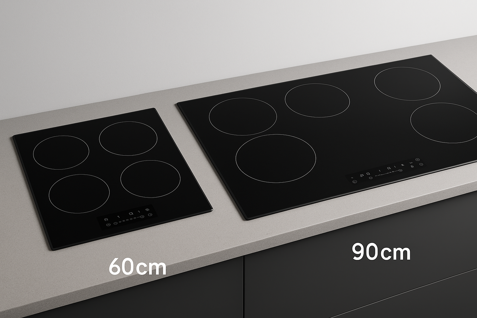 Induction hob size comparison showing 60cm, 70-75cm, 80-90cm and domino 30-40cm formats side by side