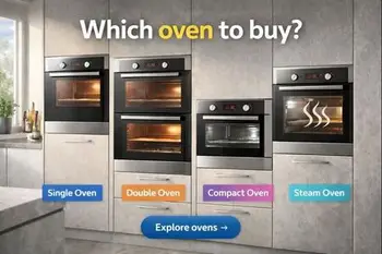 Which oven to buy guide image showing an appliance tower comparison with different oven format options for UK kitchen planning