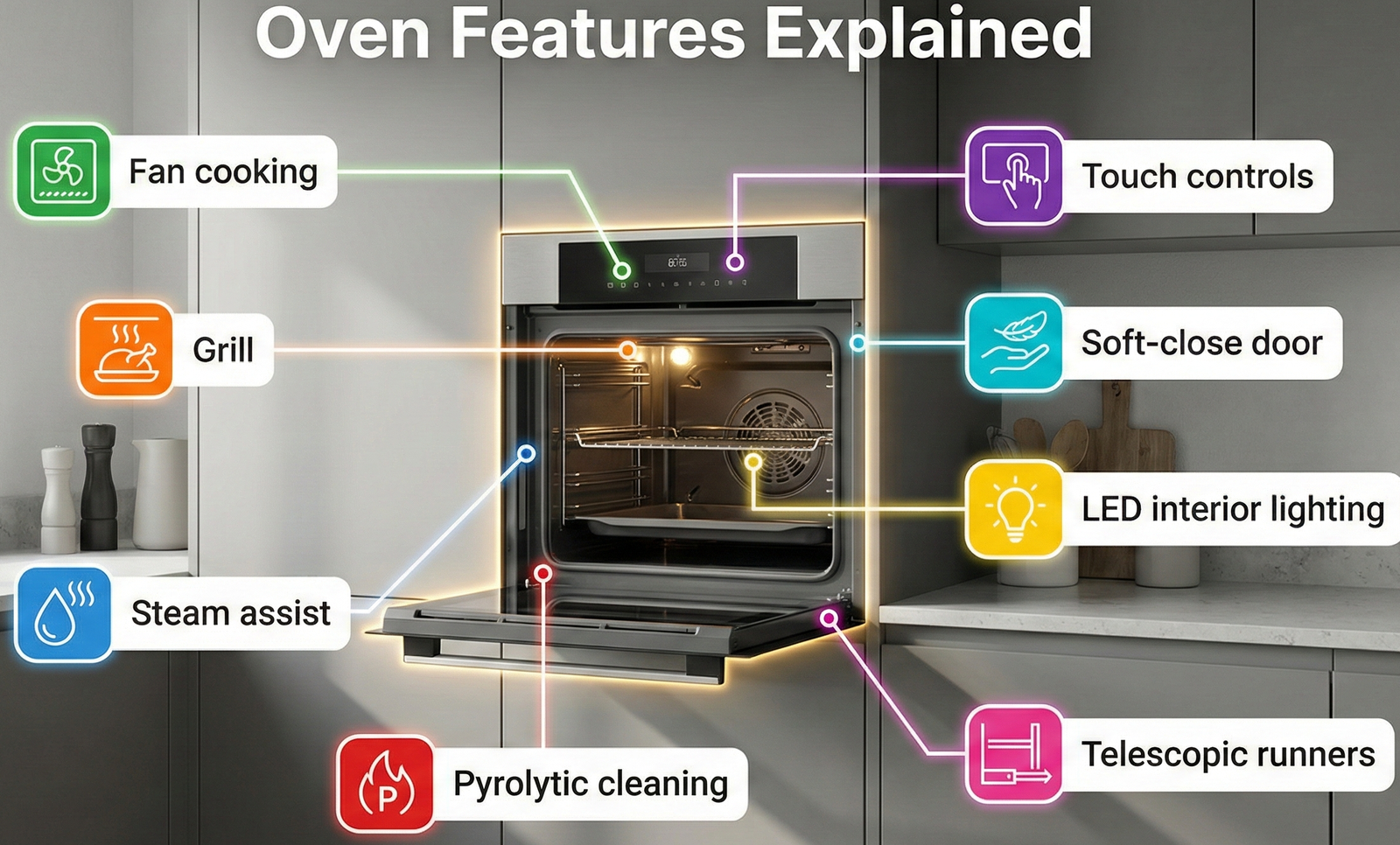 Oven features guide image showing the key specifications and cooking functions available across different built-in oven types for UK kitchens