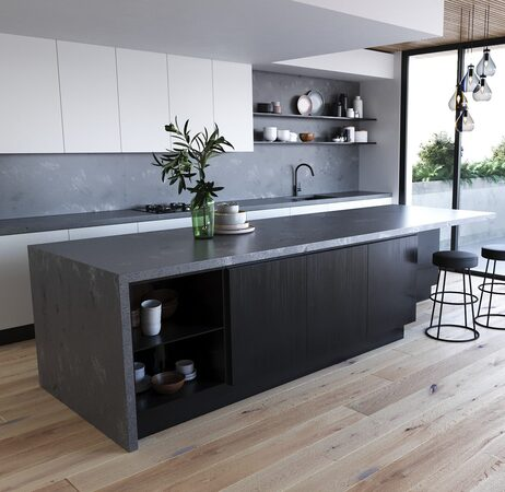 Dark grey quartz worktop with concrete effect pattern showing the textured matte surface and industrial aesthetic available in contemporary quartz ranges