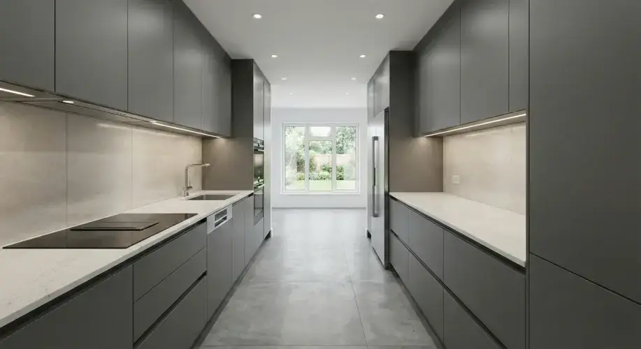 Galley kitchen layout diagram showing two runs facing each other with walkway clearance and working triangle