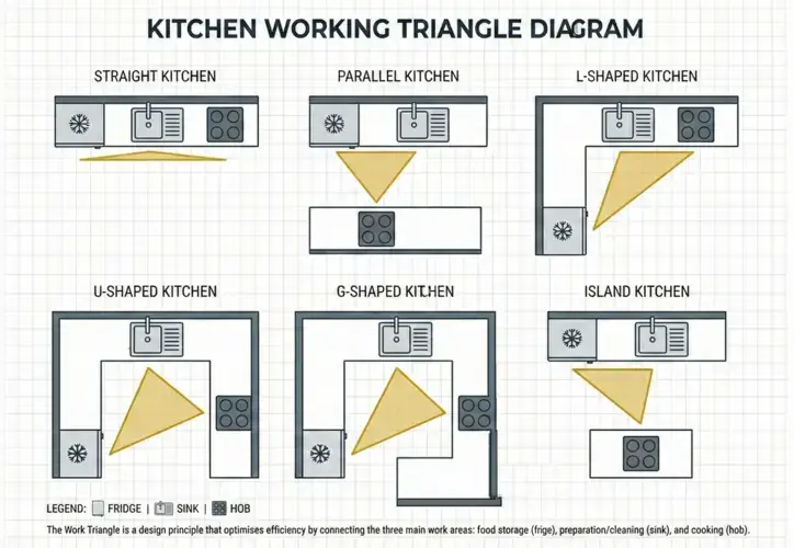 Kitchen working triangle diagram showing the relationship between fridge, sink, and hob in a typical UK kitchen layout
