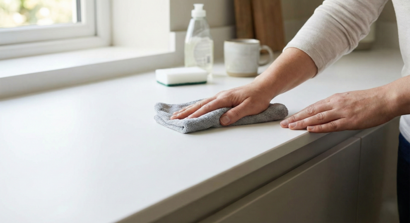 Porcelain worktop being cleaned showing the simple maintenance routine of warm water and mild detergent with a soft cloth on the non-porous surface that requires no sealing or specialist products