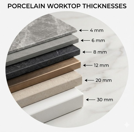 Porcelain worktop thickness options diagram showing the range from 6mm through to 20mm and how different thicknesses suit different applications