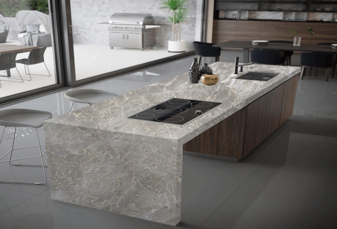 Granite worktop with build-up edge showing the laminated strip on the underside of the front face creating the appearance of a substantially thicker slab than the actual stone depth