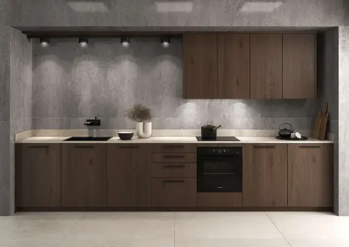 Single wall kitchen layout diagram showing units along one wall with a dining table or peninsula opposite