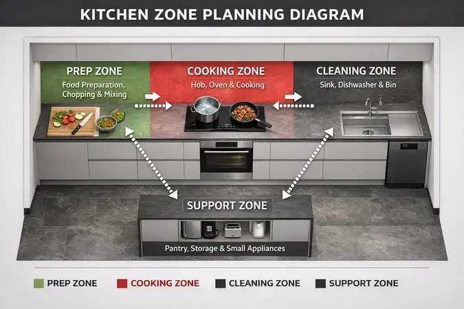 Kitchen zone planning diagram showing core and support zones for a modern open-plan UK kitchen layout