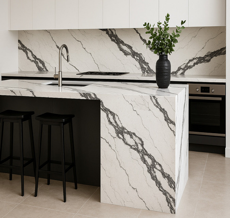 Bold quartz waterfall worktop showing the veining pattern continuing down the vertical face of a kitchen island end panel in a dramatic contemporary installation