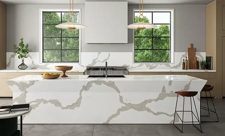 Quartz worktop slab showing the engineered surface texture and consistent pattern of a premium quartz product in a contemporary kitchen