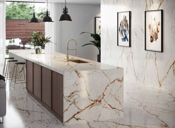 Porcelain worktop with marble-effect pattern in a contemporary kitchen showing the large format slab with realistic stone veining