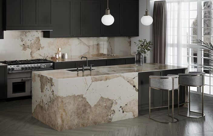 Porcelain worktop with dramatic marble-effect pattern showing white background with bold grey veining on a kitchen island