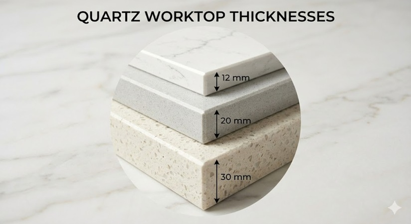 Quartz worktop thickness comparison showing 12mm 20mm and 30mm profiles and the visual difference in edge presence and material weight between the three standard UK kitchen quartz thicknesses