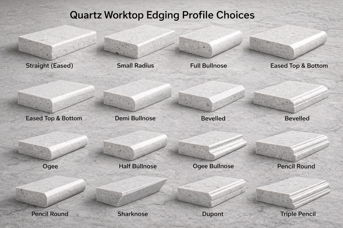 Quartz worktop edge profile options showing the range from simple straight eased edges through pencil round bevelled half bullnose full bullnose and decorative ogee profiles available in quartz kitchen worktop fabrication