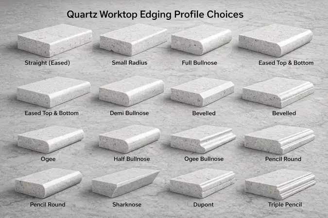 Diagram showing multiple granite worktop edge profile options including straight, bevelled, bullnose, half bullnose, ogee, and Dupont profiles with their cross-section shapes