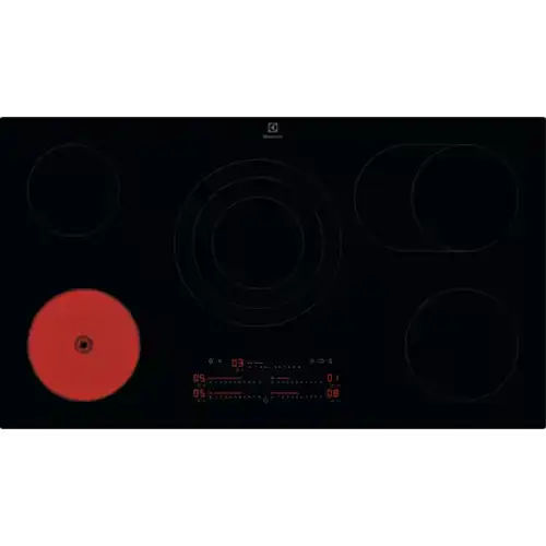 Five-zone ceramic hob showing the smooth black glass-ceramic surface with five cooking zones of varying sizes and touch controls along the front edge