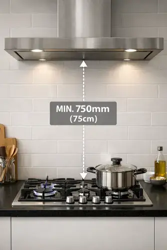 Diagram showing the 750mm minimum clearance between the gas hob cooking surface and the lowest point of the overhead extractor hood, with measurement annotation