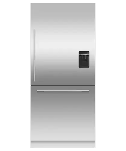 91cm wide integrated fridge freezer with built-in ice maker and water dispenser showing the premium wide format integrated refrigerator freezer with ice and water functionality in a luxury kitchen installation