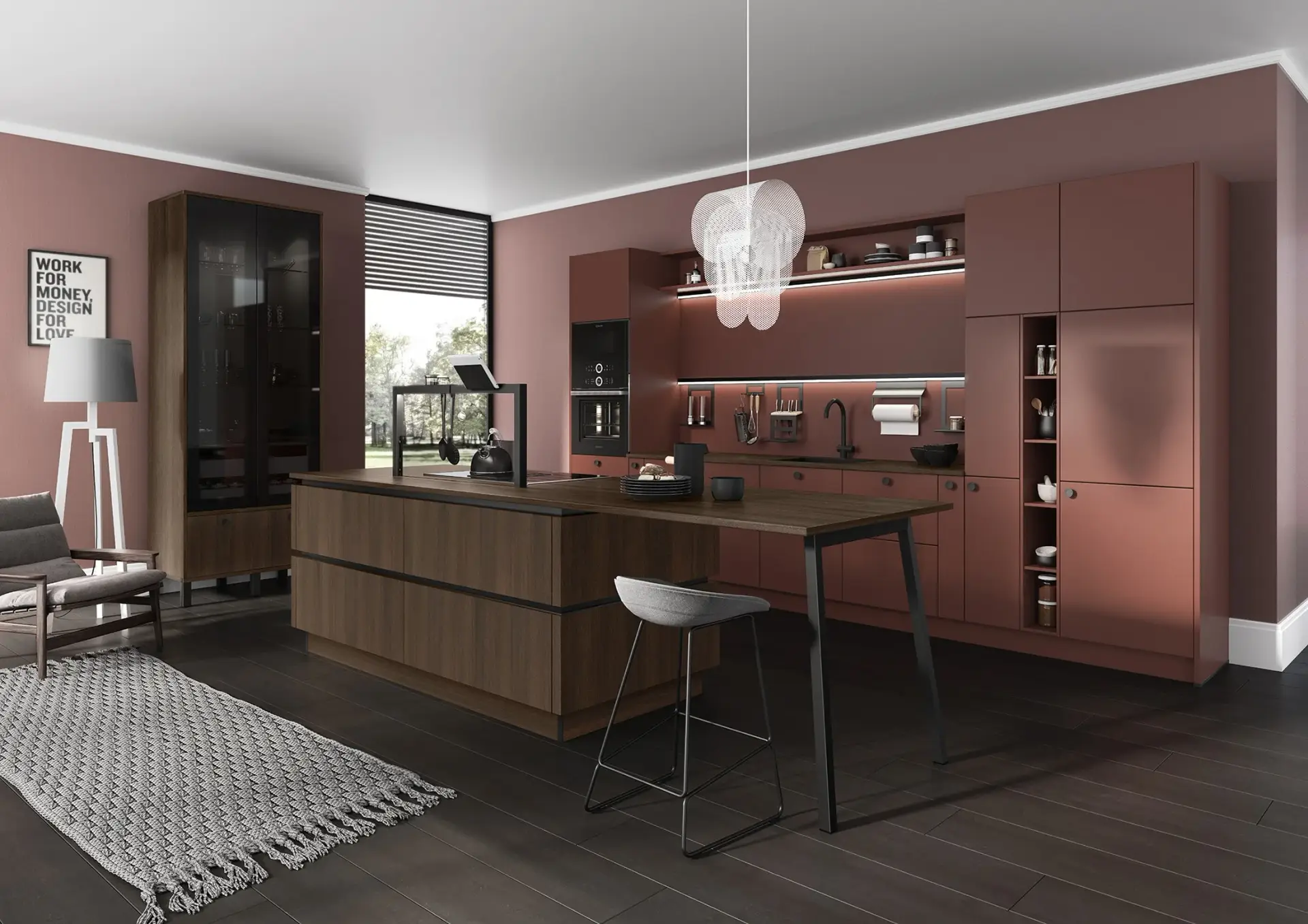 Bauformat Handless Shaker kitchen showing the Shaker frame detail with no visible hardware in an open-plan contemporary setting with island seating