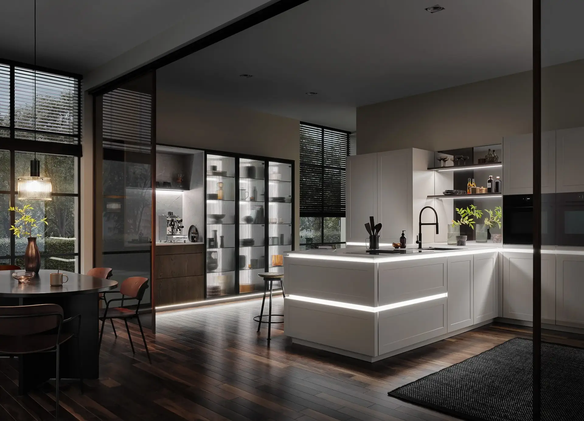 Bauformat Handless Shaker kitchen detail showing the integrated opening profile in the frame stile with consistent reveal gaps across the full run