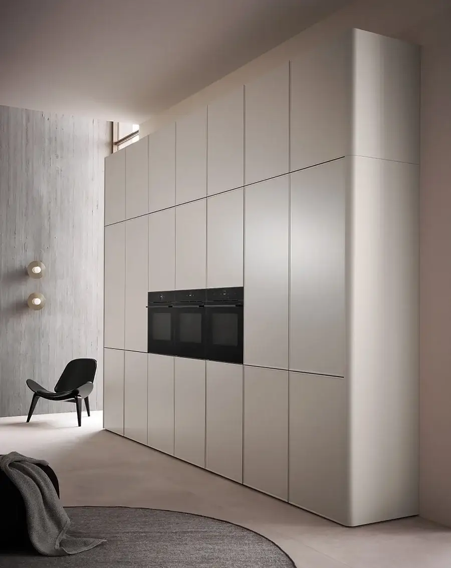 Bauformat Skinny Shaker kitchen in an open-plan space showing the full layout with island and consistent narrow frame detail across all units