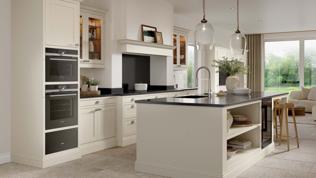 Caledonia in-frame kitchen detail showing the panel depth, reveal width, and frame finish quality at close range