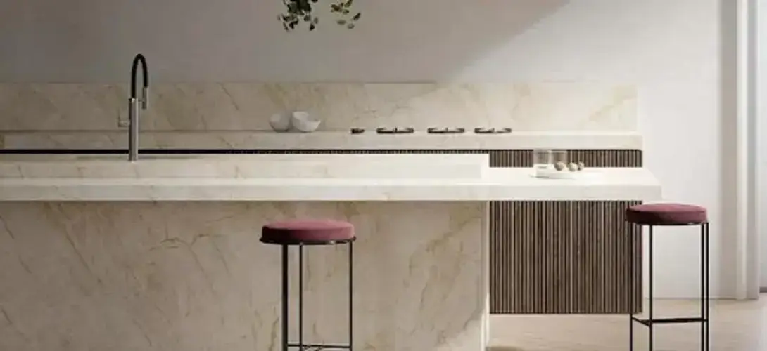 Ceramic worktop in a contemporary kitchen installation showing the large format slab with a clean honed surface and the minimal edge profile that suits handleless and contemporary German kitchen designs