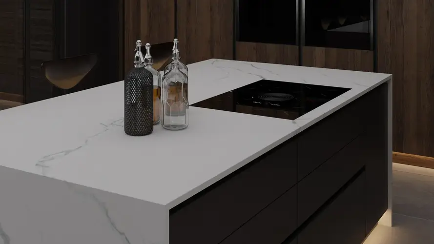 Classic Calacatta marble-effect ceramic worktop showing the white background with dramatic grey veining pattern that closely replicates natural Calacatta marble without the etching sensitivity or sealing requirements of the natural stone