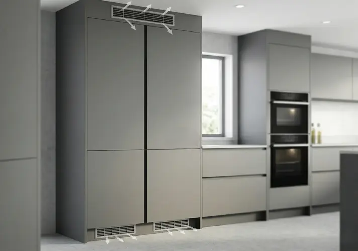 Integrated fridge freezer ventilation diagram showing the plinth grille at the base of the housing unit allowing cool air to enter from the floor level and the top ventilation grille or vent panel at the top of the housing allowing warm exhaust air to escape from around the appliance body in a fitted kitchen installation