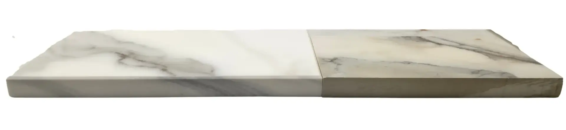 Full-body porcelain worktop slab cross-section showing the pattern running continuously through the full thickness of the material