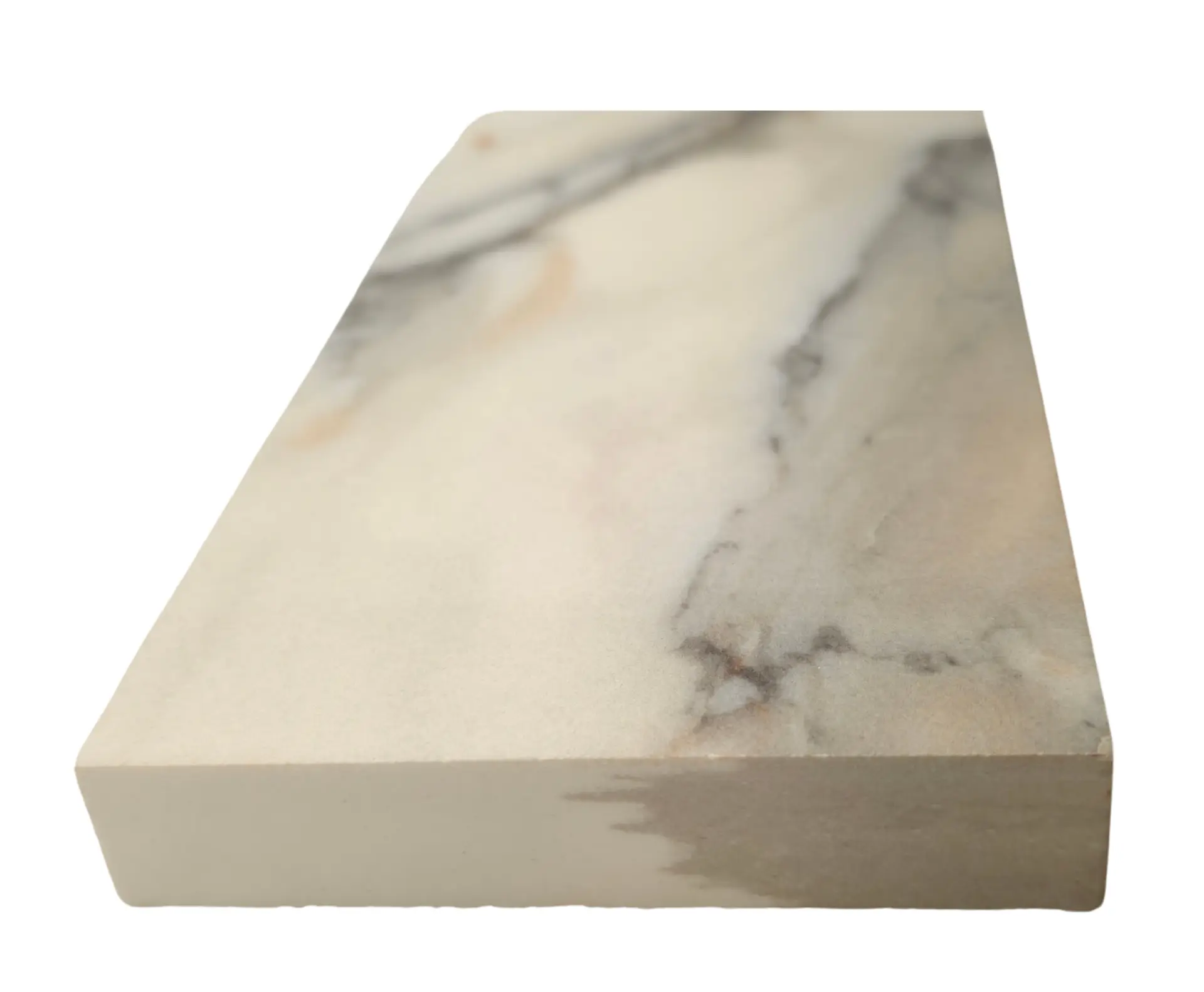 Full-body porcelain worktop edge profile showing the veining pattern continuing through the mitre cut and down the edge face