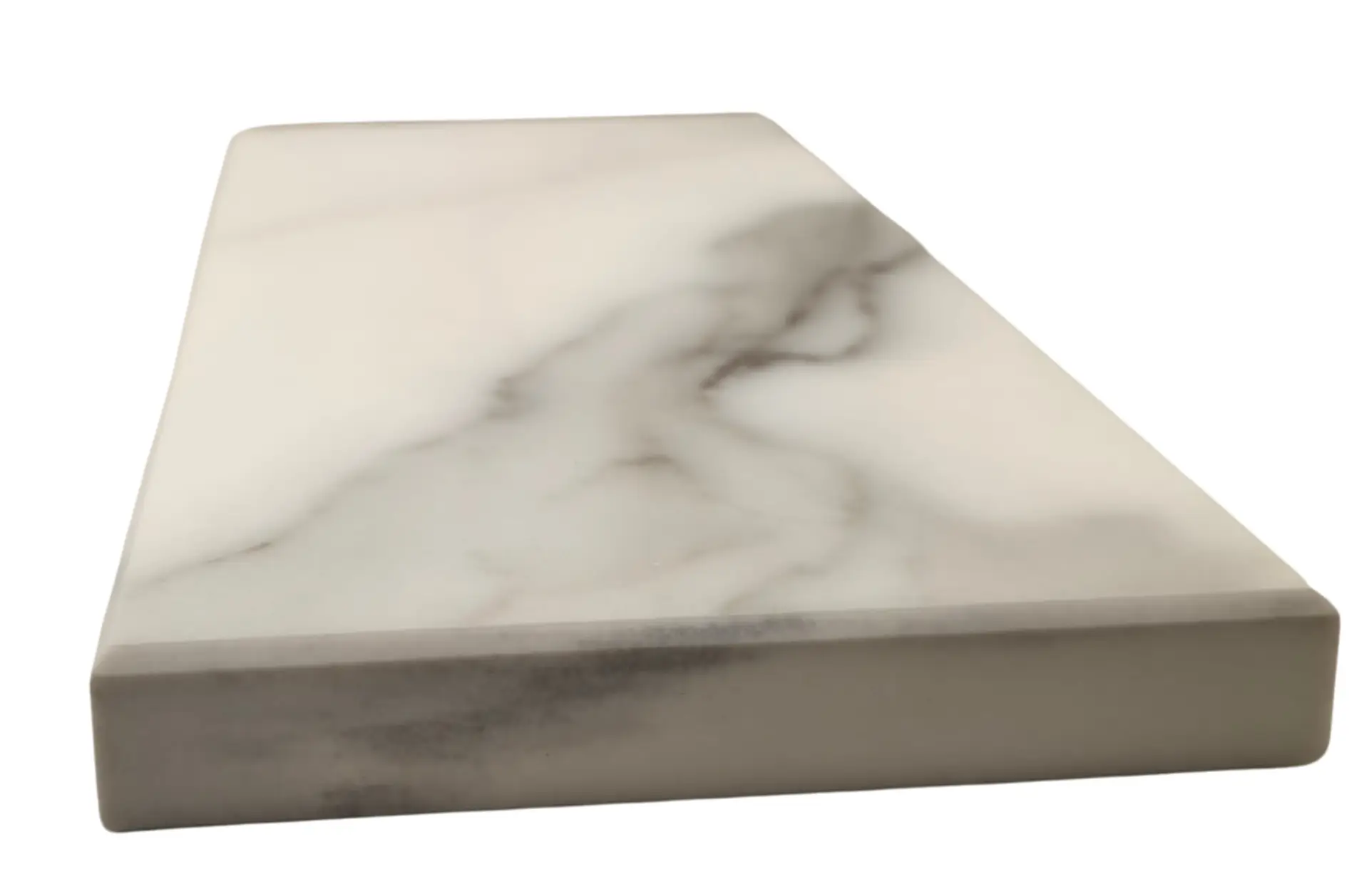 Full-body porcelain worktop installation showing the edge and surface pattern continuity on an island drop-down panel