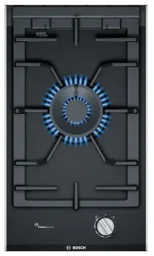 Gas domino hob showing one or two open gas burners with cast iron pan supports in a 30cm module format