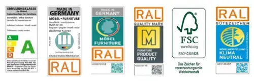 German kitchen quality marks and certifications including Golden M, GS seal, ISO, FSC and PEFC