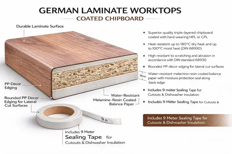 German laminate worktop construction diagram showing the layered structure of a standard German kitchen manufacturer laminate worktop with the high-pressure laminate surface layer the triple-layer chipboard core the balance paper underside and the post-formed front edge detail