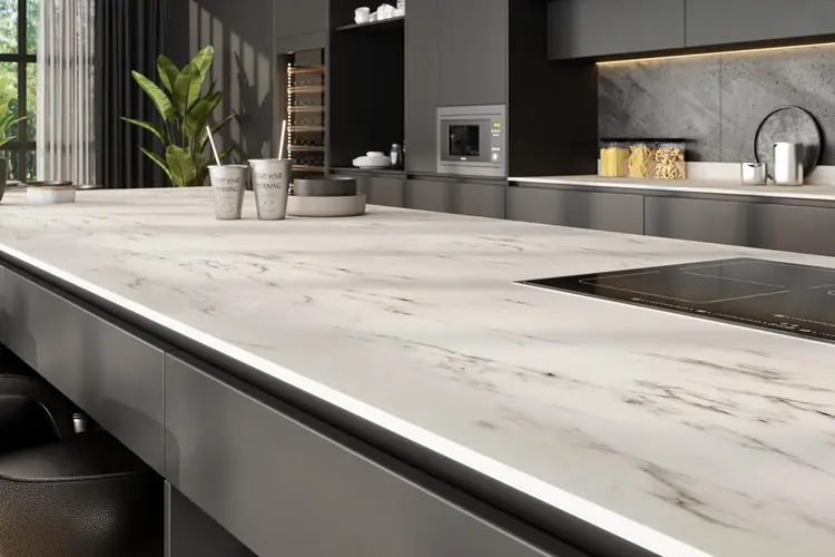 HPL worktop in a contemporary kitchen showing a marble-effect high-pressure laminate surface with realistic veining pattern and ultra-matt finish on a kitchen island with coordinated cabinetry