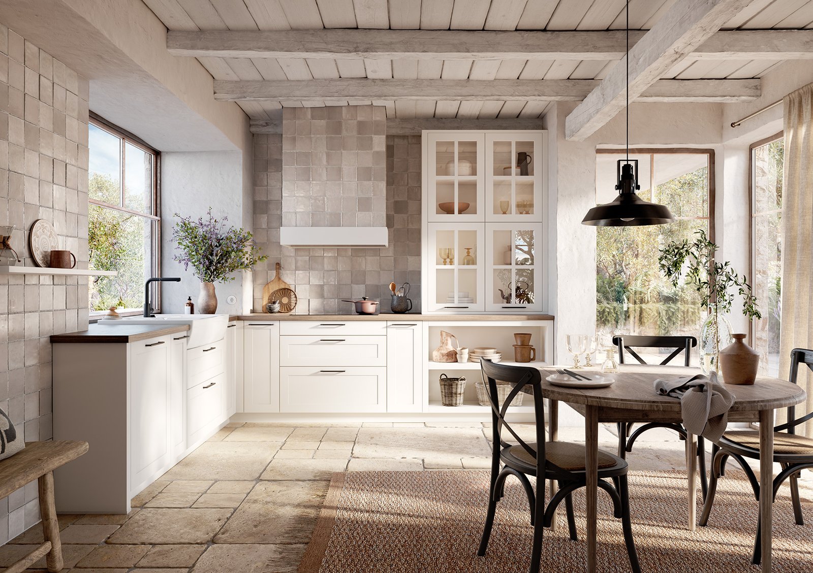 Häcker Shaker kitchen in an L-shaped layout showing the classic framed door in a contemporary open-plan setting
