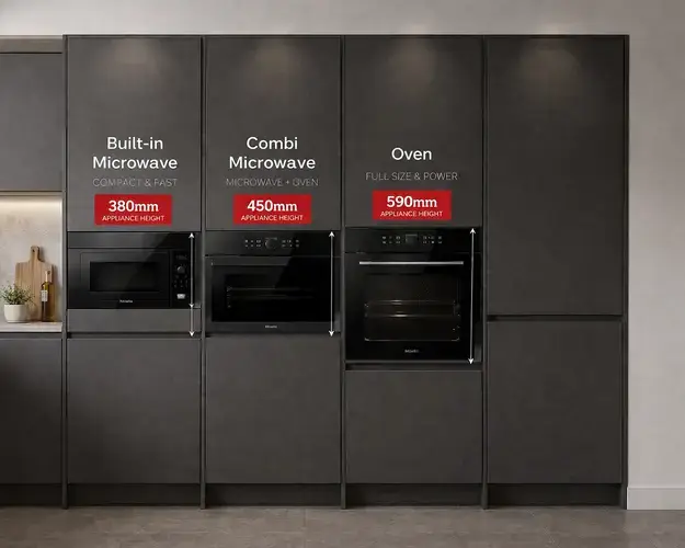Appliance height comparison diagram showing the three different built-in microwave and oven sizes: 380mm high standard built-in microwave, 450mm high compact combination microwave, and 595mm high full-size single oven with integrated microwave, illustrating how each appliance fits into different niche heights in UK kitchen furniture