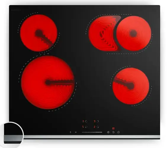 Ceramic hob with touch controls showing the flat glass control strip along the front edge with tap-to-select zones and power level indicators