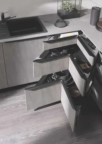German kitchen drawers opening with full extension and soft-close mechanism