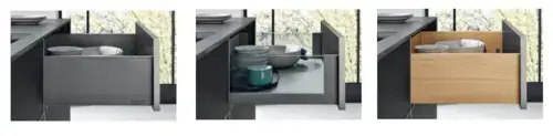 Three German kitchen drawer box finishes: standard steel frame, glass-sided, and wooden panel