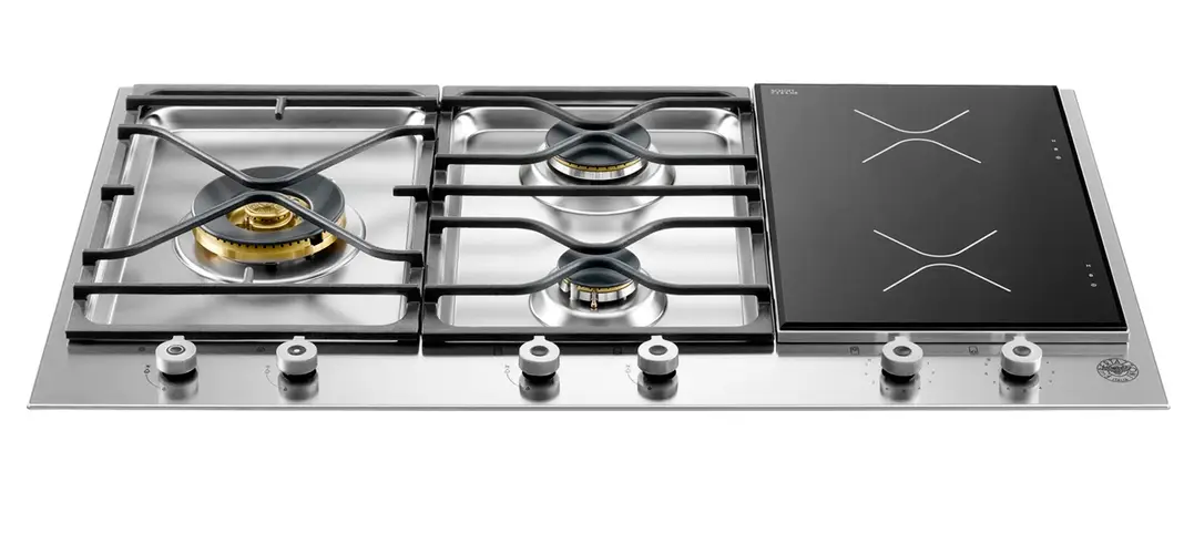 Dual fuel hob showing three gas burners on the left section and two induction zones on the right section of a single glass-ceramic surface
