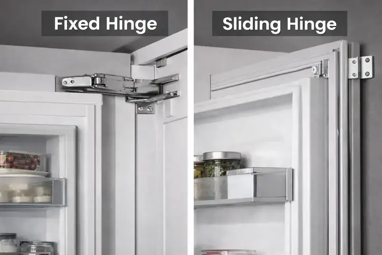 Fixed hinge versus sliding hinge comparison diagram showing how each hinge type connects a kitchen furniture door to an integrated fridge freezer appliance door with the fixed hinge attached directly to the appliance door and the sliding hinge using a rail bracket system between the furniture and appliance