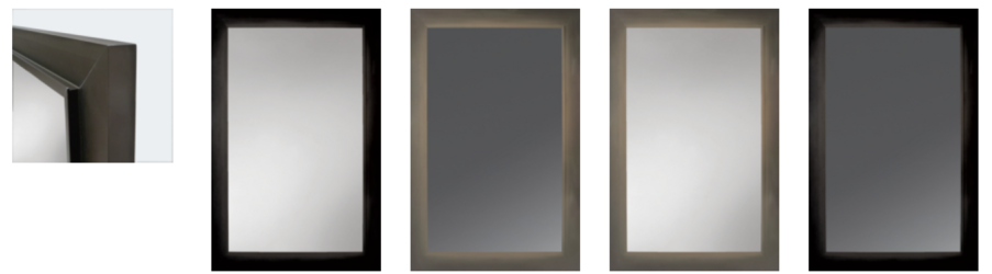 Different German kitchen glass door types: framed, aluminium-framed, full-height display, and open shelves with lit panels